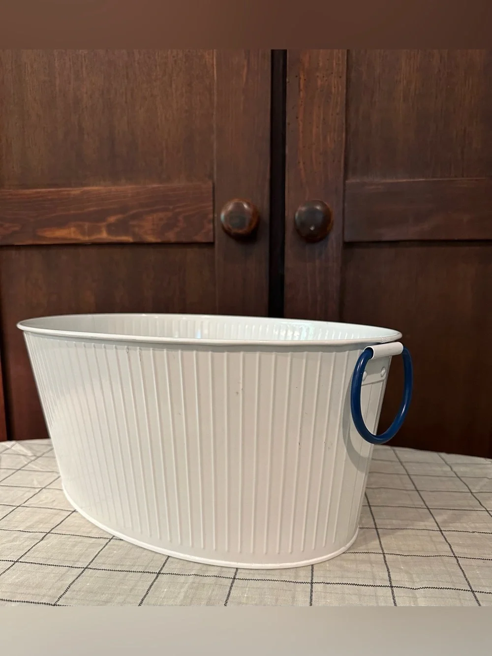 Galvanized • white bucket • Navy blue handles